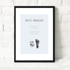 Birth poster with hand and footprint and the child's information, blue