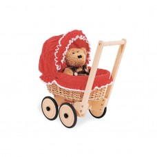 Doll's carriage with wicker basket and bedding set, Mona - Beech wicker, red